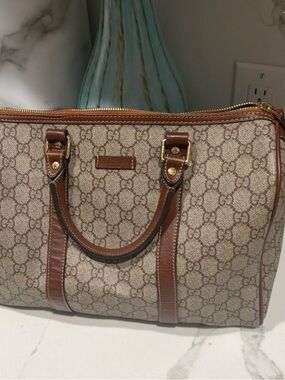 Gucci Beige GG Monogram Canvas Satchel with Brown Leather Trim